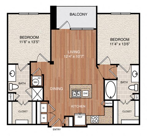 Floor plan for 2 beds, 2 baths, 1028 sqft